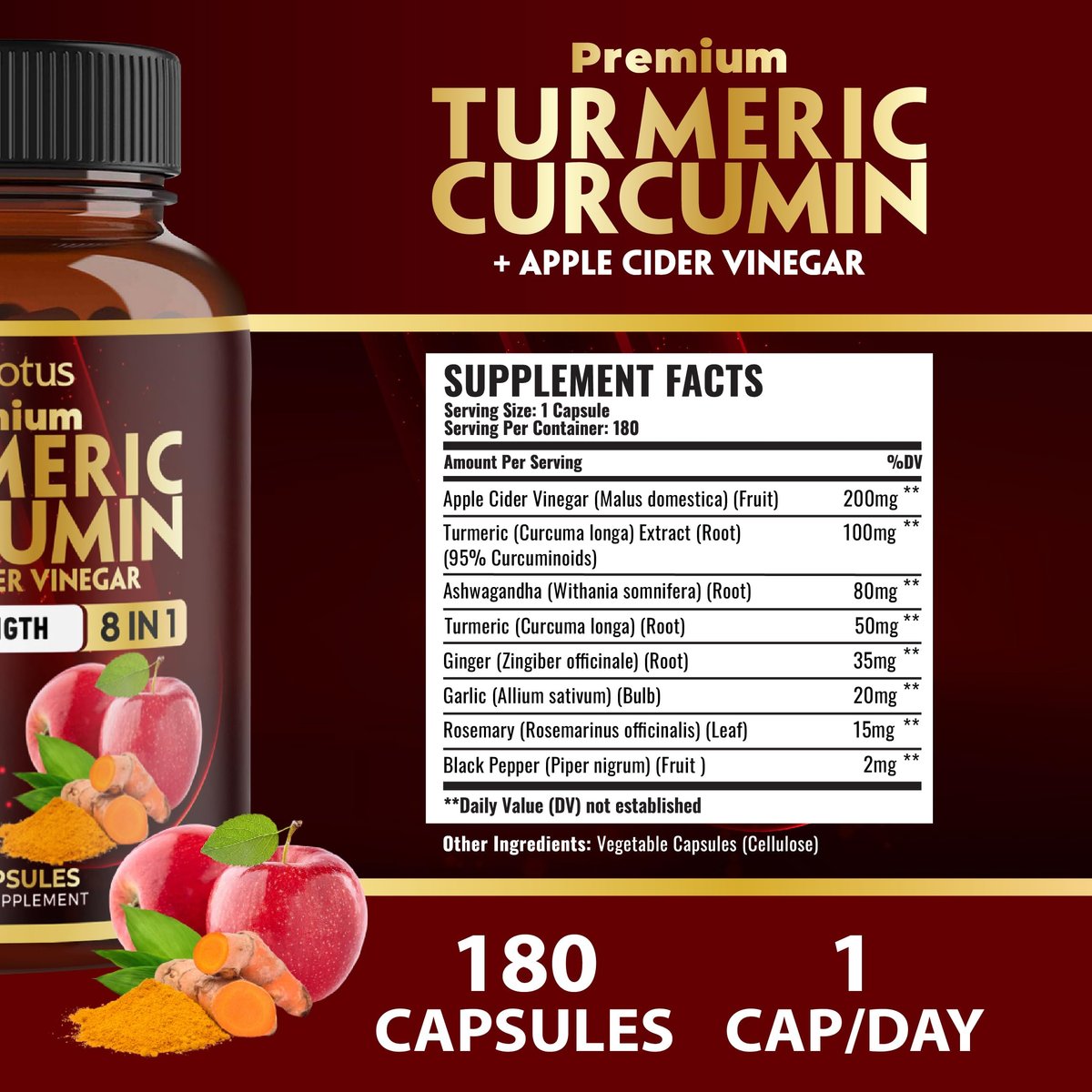 7-in-1 Kurkuma Curcumin + Apfelessig Kapseln, 6 Monate Vorrat mit Ashwagandha, Ingwer, Knoblauch, 180 Kapseln