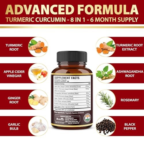 7-in-1 Kurkuma Curcumin + Apfelessig Kapseln, 6 Monate Vorrat mit Ashwagandha, Ingwer, Knoblauch, 180 Kapseln