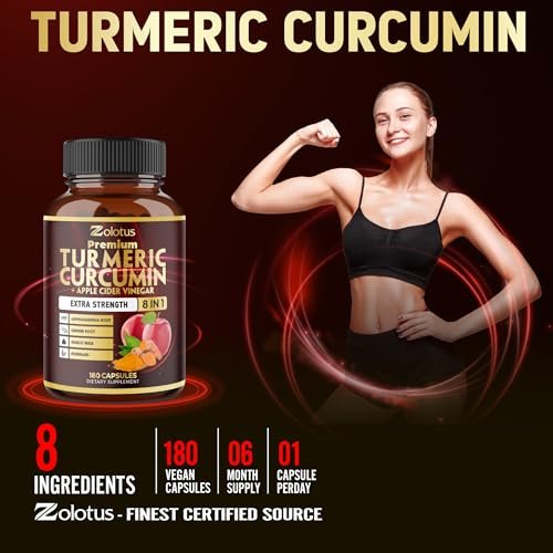 7-in-1 Kurkuma Curcumin + Apfelessig Kapseln, 6 Monate Vorrat mit Ashwagandha, Ingwer, Knoblauch, 180 Kapseln