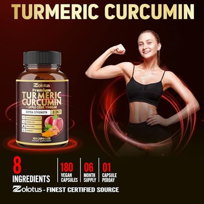 7-in-1 Kurkuma Curcumin + Apfelessig Kapseln, 6 Monate Vorrat mit Ashwagandha, Ingwer, Knoblauch, 180 Kapseln