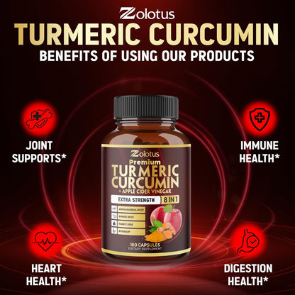 7-in-1 Kurkuma Curcumin + Apfelessig Kapseln, 6 Monate Vorrat mit Ashwagandha, Ingwer, Knoblauch, 180 Kapseln