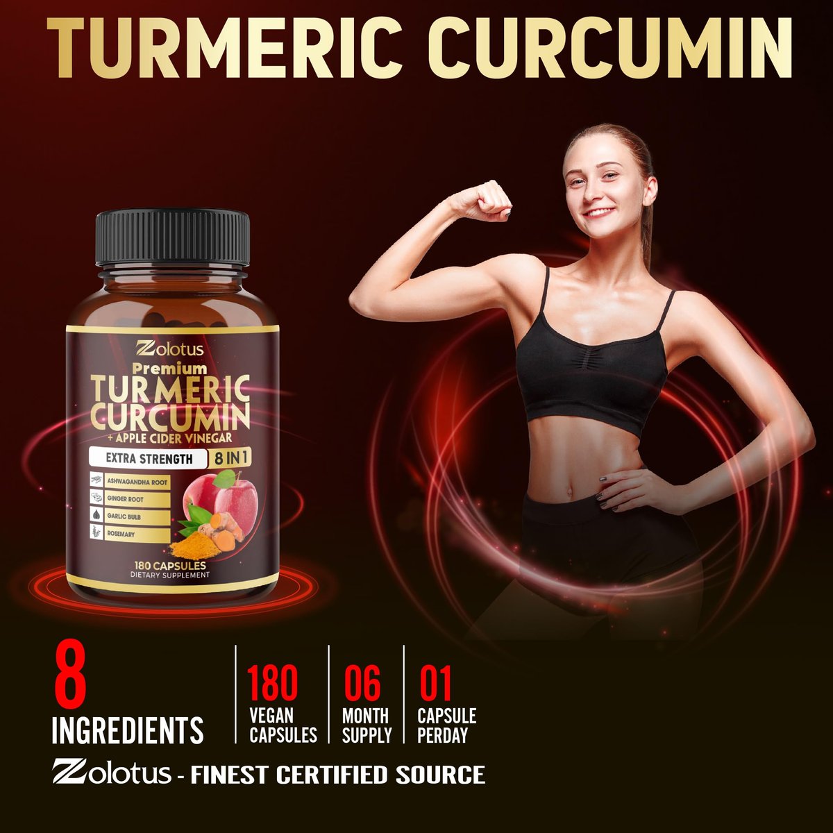 7-in-1 Kurkuma Curcumin + Apfelessig Kapseln, 6 Monate Vorrat mit Ashwagandha, Ingwer, Knoblauch, 180 Kapseln