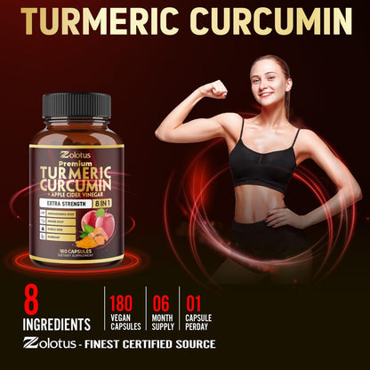 7-in-1 Kurkuma Curcumin + Apfelessig Kapseln, 6 Monate Vorrat mit Ashwagandha, Ingwer, Knoblauch, 180 Kapseln