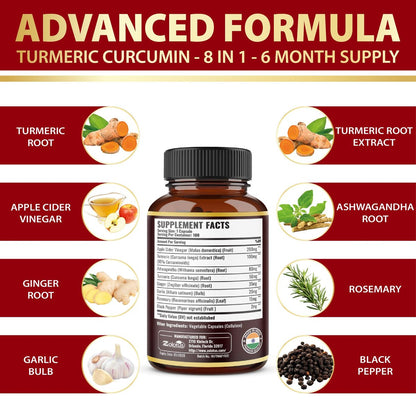 7-in-1 Kurkuma Curcumin + Apfelessig Kapseln, 6 Monate Vorrat mit Ashwagandha, Ingwer, Knoblauch, 180 Kapseln