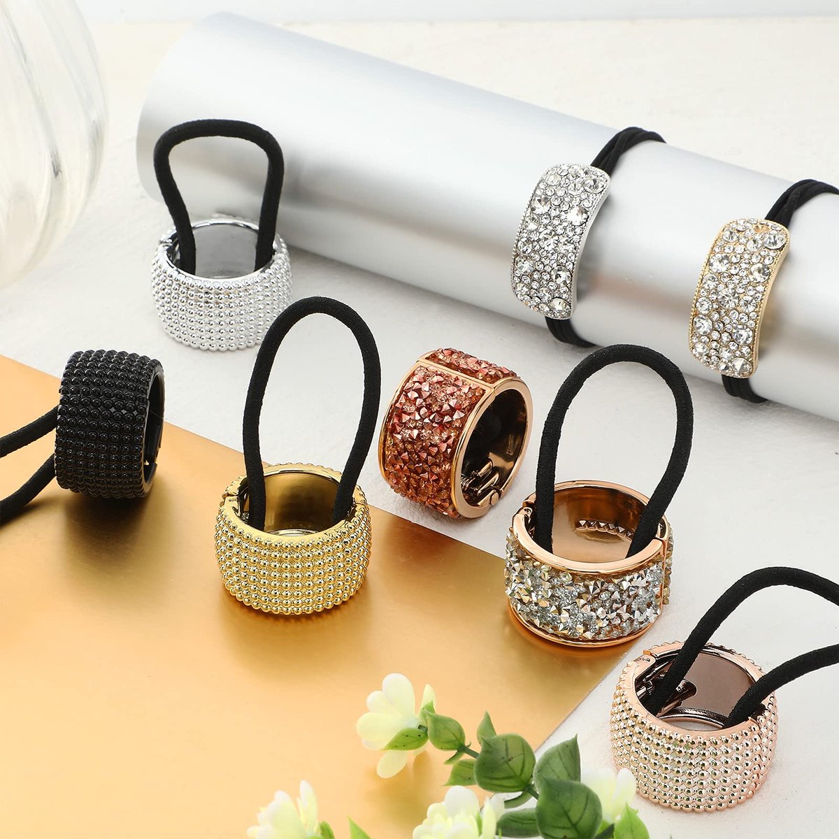 Canlierr 8-teiliger Strass-Pferdeschwanzhalter, elastische Haarspangen mit Kristallbesatz für Frauen und Mädchen, gemischte Farben