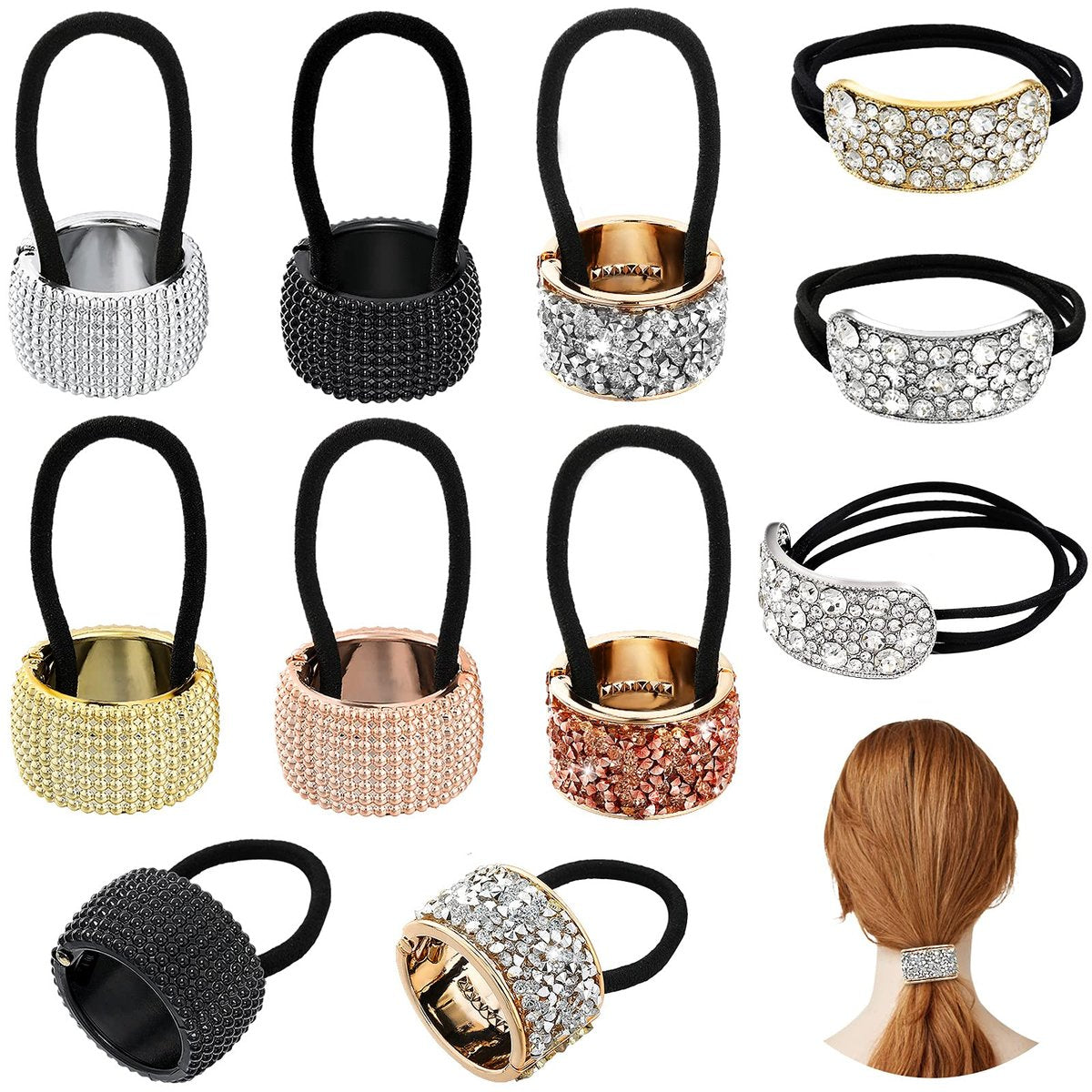 Canlierr 8-teiliger Strass-Pferdeschwanzhalter, elastische Haarspangen mit Kristallbesatz für Frauen und Mädchen, gemischte Farben
