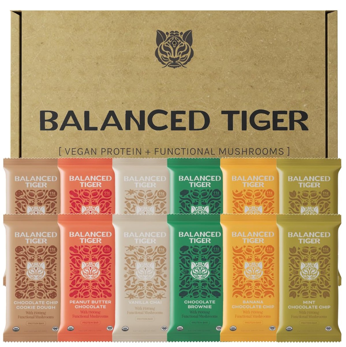 Balanced Tiger Vegane Proteinriegel mit funktionellen Pilzen – Löwenmähne, Shitake, Reishi & Maitake – 12er-Packung Probierbox