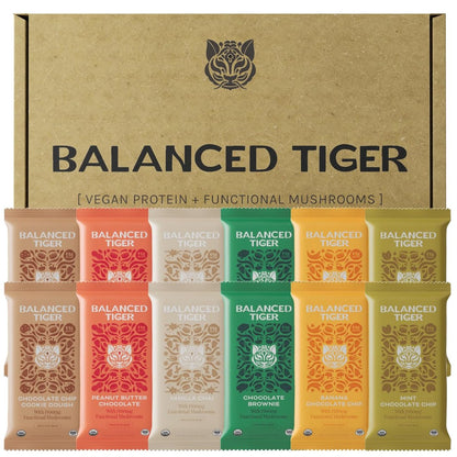 Balanced Tiger Vegane Proteinriegel mit funktionellen Pilzen – Löwenmähne, Shitake, Reishi & Maitake – 12er-Packung Probierbox