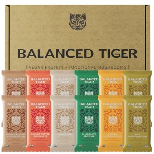 Balanced Tiger Vegane Proteinriegel mit funktionellen Pilzen – Löwenmähne, Shitake, Reishi & Maitake – 12er-Packung Probierbox