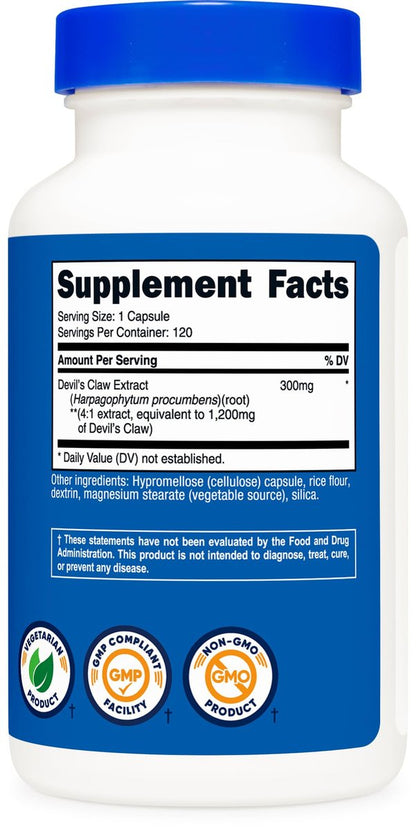 Nutricost Teufelskralle Extrakt 120 Kapseln – 120 Portionen pro Flasche, Vegetarisch, GVO-frei & Glutenfrei