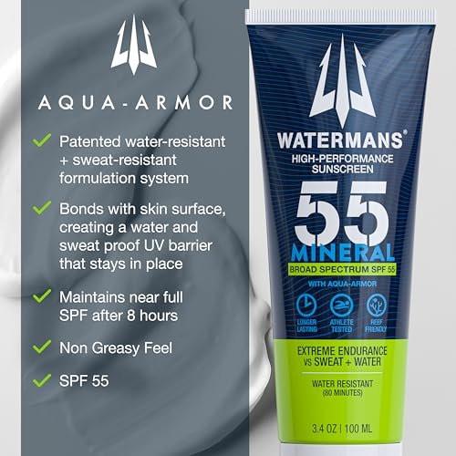 WATERMAN'S Mineral SPF 55 Sonnencreme mit Zinkoxid, Aqua-Armor, Breitband-Sonnenschutz für Gesicht und Körper, Riff-sicher, wasserbeständig, mineralischer Sonnenschutz