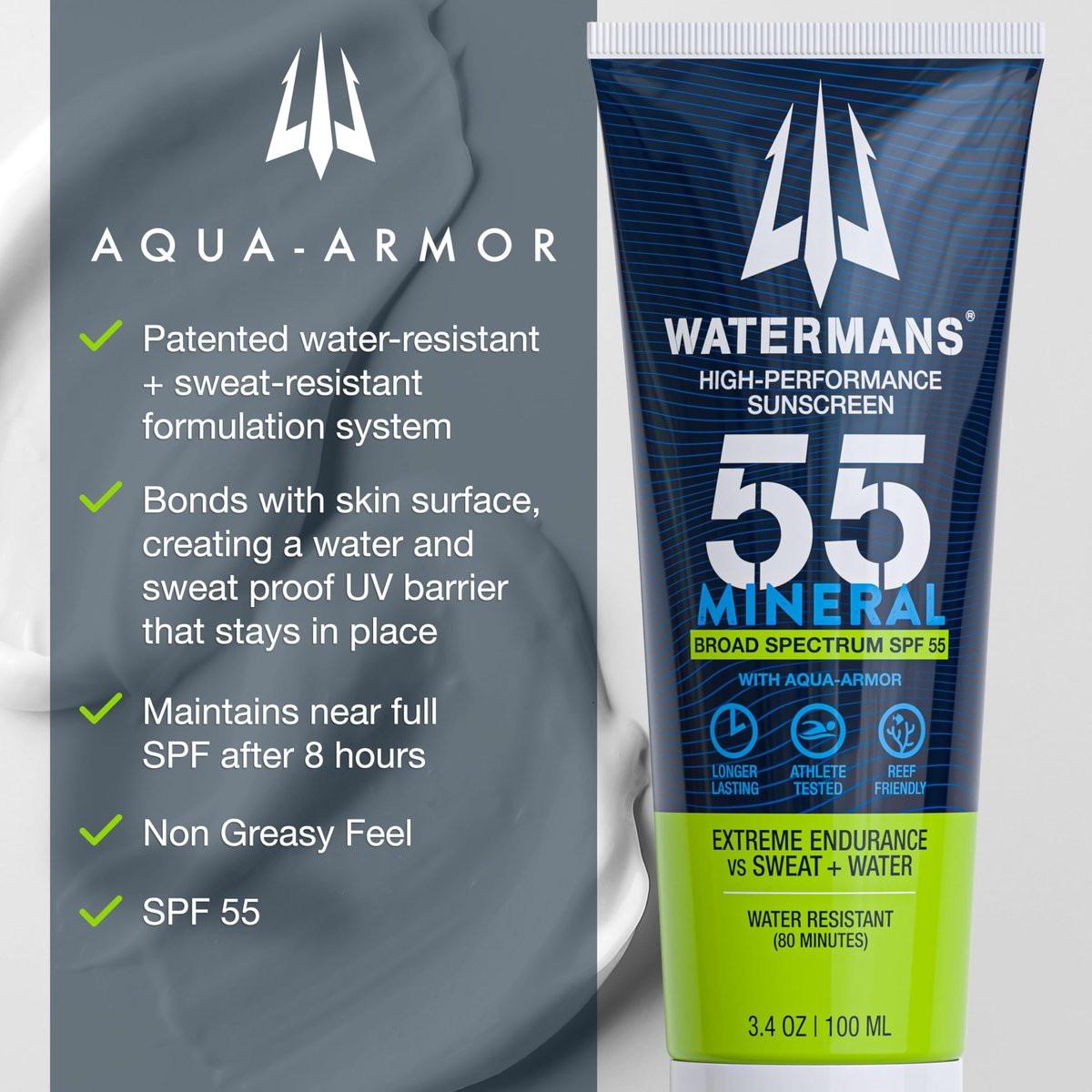 WATERMAN'S Mineral SPF 55 Sonnencreme mit Zinkoxid, Aqua-Armor, Breitband-Sonnenschutz für Gesicht und Körper, Riff-sicher, wasserbeständig, mineralischer Sonnenschutz