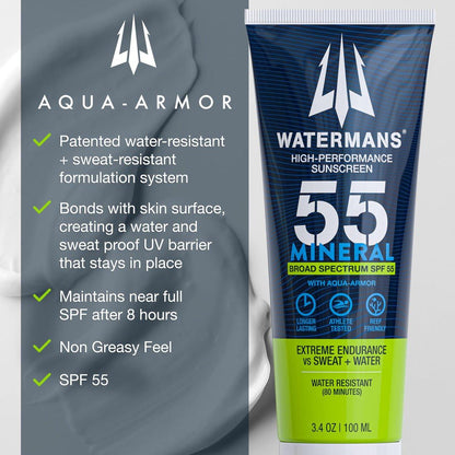 WATERMAN'S Mineral SPF 55 Sonnencreme mit Zinkoxid, Aqua-Armor, Breitband-Sonnenschutz für Gesicht und Körper, Riff-sicher, wasserbeständig, mineralischer Sonnenschutz