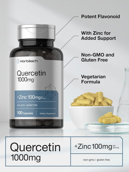 Horbäach Quercetin 1000 mg mit Zink – 100 Kapseln, hochdosiert, Non-GMO, glutenfrei