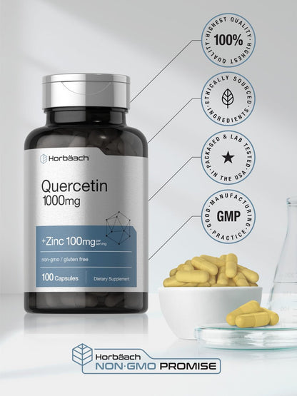 Horbäach Quercetin 1000 mg mit Zink – 100 Kapseln, hochdosiert, Non-GMO, glutenfrei