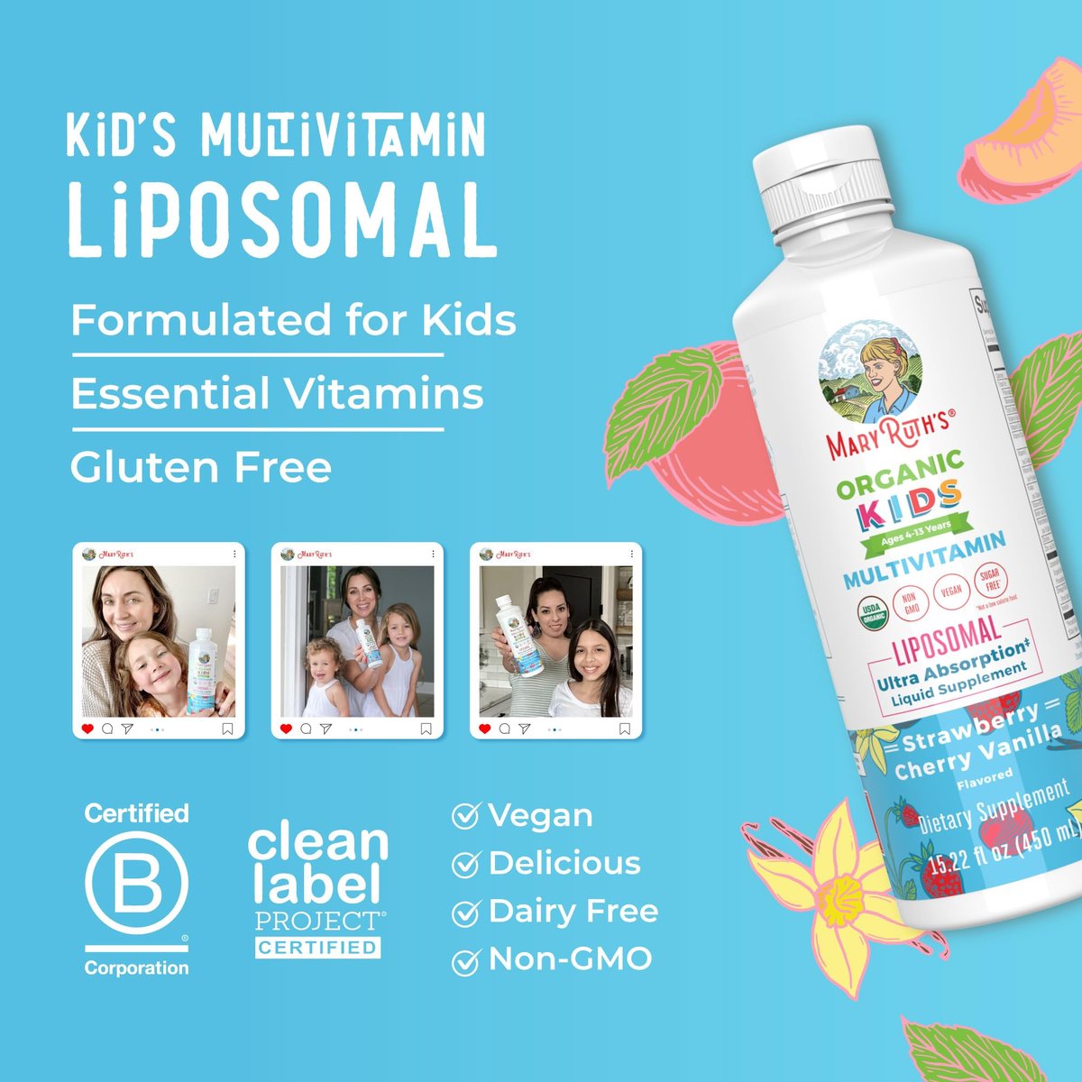 MaryRuth Organics Kindermultivitamin Liposomal | Vegan, Zuckerfrei, für Kinder ab 4 Jahren | 2-Monats-Vorrat | 15,22 Fl. Oz.