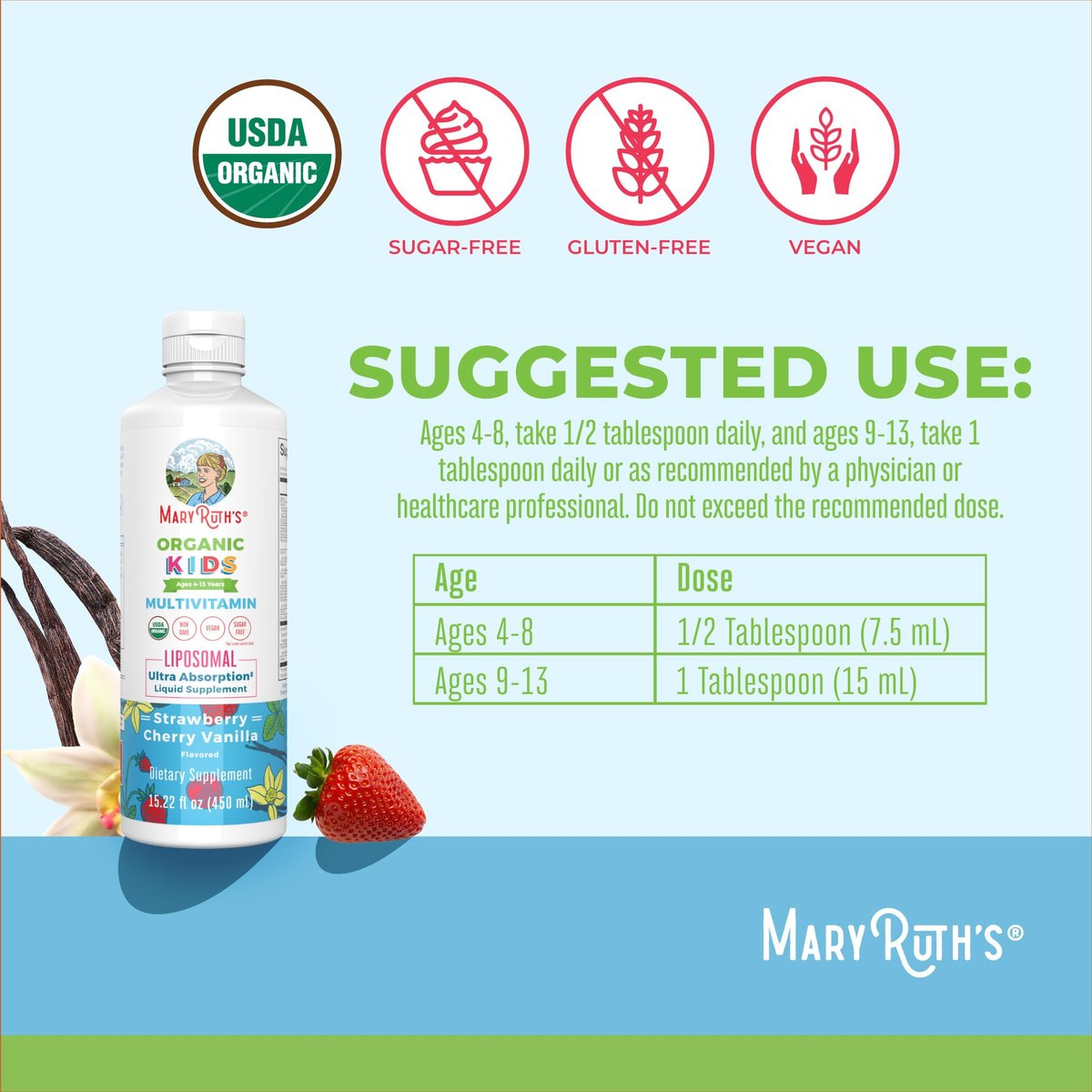 MaryRuth Organics Kindermultivitamin Liposomal | Vegan, Zuckerfrei, für Kinder ab 4 Jahren | 2-Monats-Vorrat | 15,22 Fl. Oz.