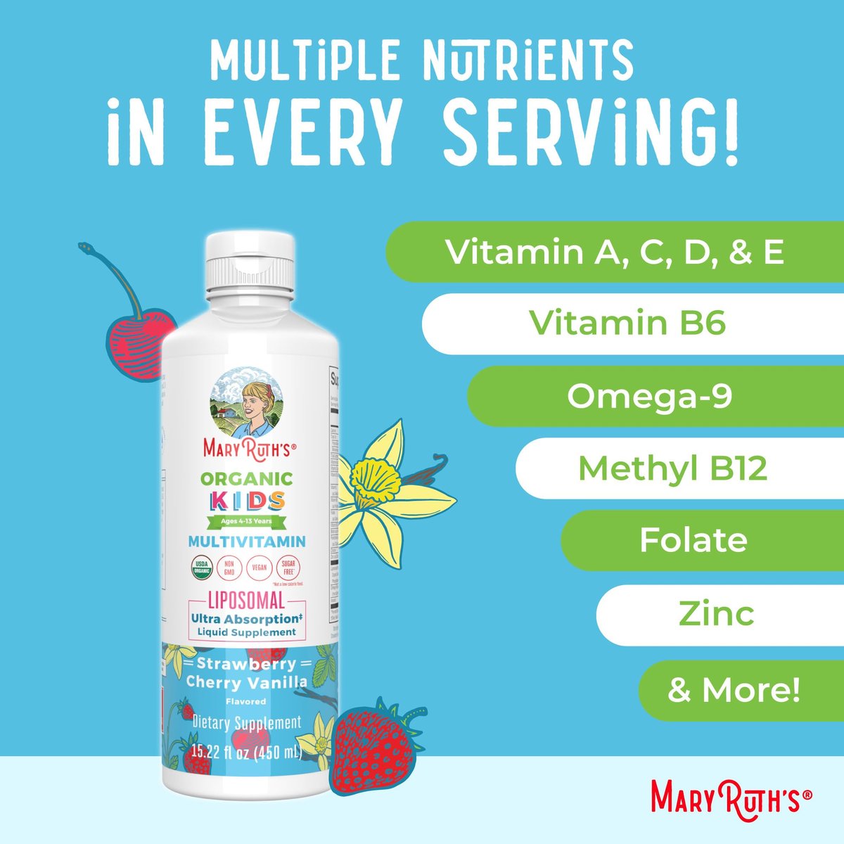 MaryRuth Organics Kindermultivitamin Liposomal | Vegan, Zuckerfrei, für Kinder ab 4 Jahren | 2-Monats-Vorrat | 15,22 Fl. Oz.