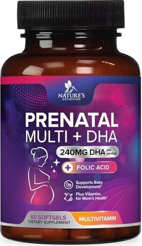 Schwangerschaftsvitamine für Frauen mit Folsäure + Omega 3 DHA für die fetale Gehirnentwicklung, bestes pränatales Vitaminpräparat, tägliche Schwangerschafts-Multivitamin-Nährstoffunterstützung, Nicht-GVO - 60 Softgels