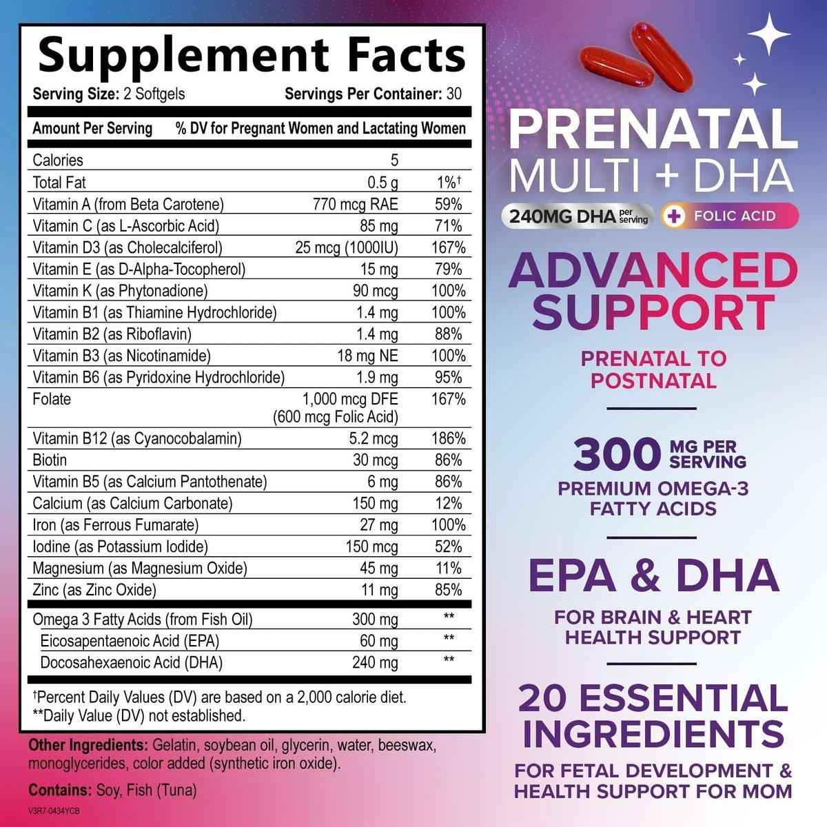 Schwangerschaftsvitamine für Frauen mit Folsäure + Omega 3 DHA für die fetale Gehirnentwicklung, bestes pränatales Vitaminpräparat, tägliche Schwangerschafts-Multivitamin-Nährstoffunterstützung, Nicht-GVO - 60 Softgels