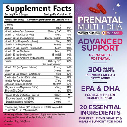 Schwangerschaftsvitamine für Frauen mit Folsäure + Omega 3 DHA für die fetale Gehirnentwicklung, bestes pränatales Vitaminpräparat, tägliche Schwangerschafts-Multivitamin-Nährstoffunterstützung, Nicht-GVO - 60 Softgels