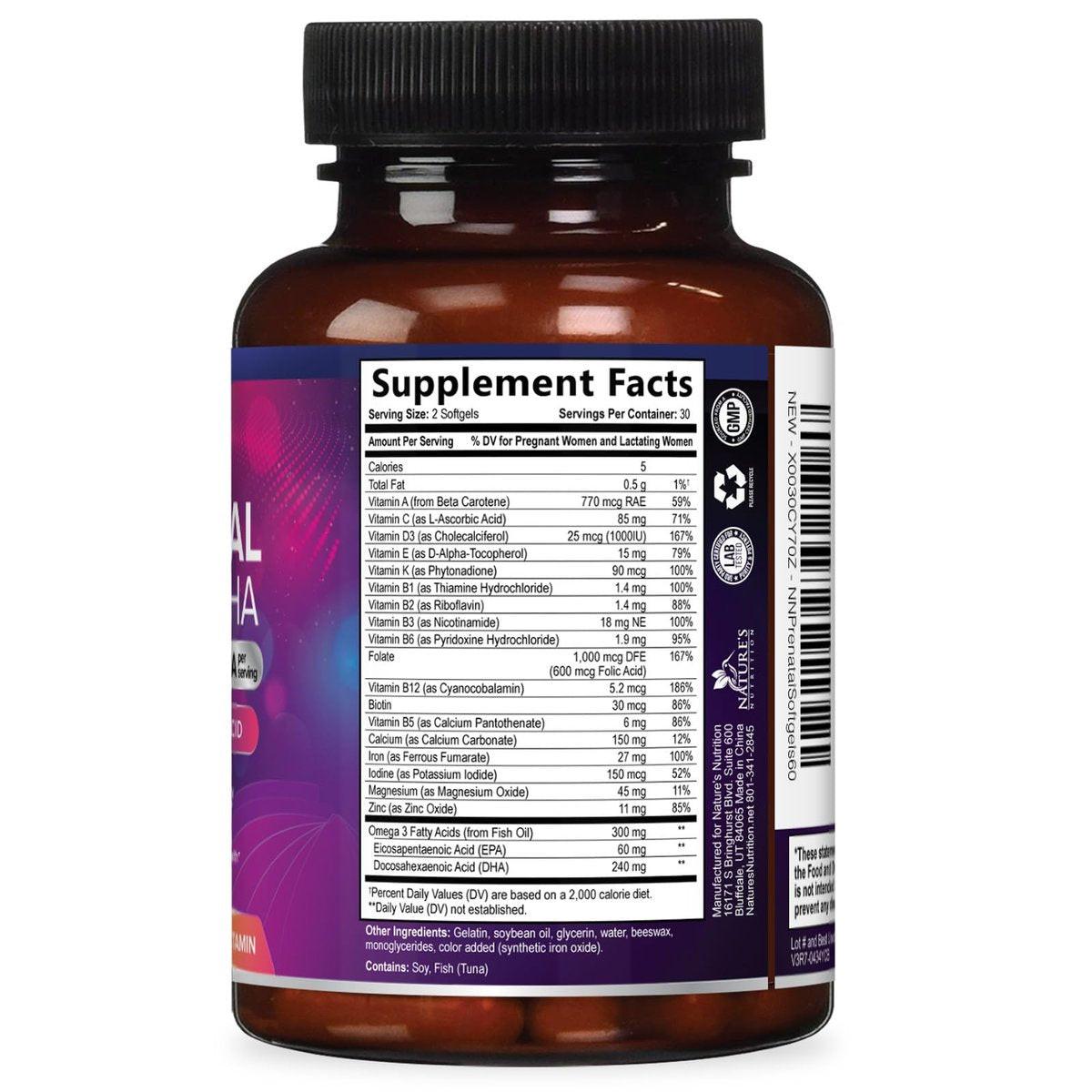 Schwangerschaftsvitamine für Frauen mit Folsäure + Omega 3 DHA für die fetale Gehirnentwicklung, bestes pränatales Vitaminpräparat, tägliche Schwangerschafts-Multivitamin-Nährstoffunterstützung, Nicht-GVO - 60 Softgels