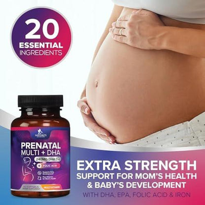 Schwangerschaftsvitamine für Frauen mit Folsäure + Omega 3 DHA für die fetale Gehirnentwicklung, bestes pränatales Vitaminpräparat, tägliche Schwangerschafts-Multivitamin-Nährstoffunterstützung, Nicht-GVO - 60 Softgels