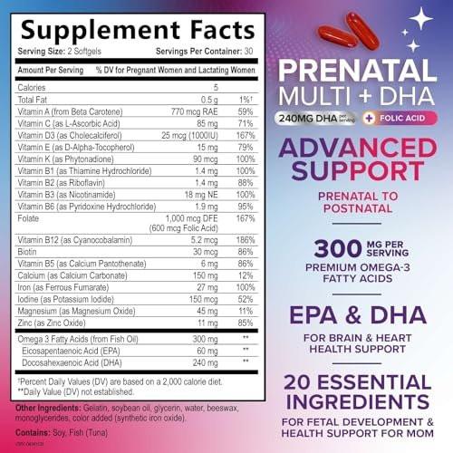 Schwangerschaftsvitamine für Frauen mit Folsäure + Omega 3 DHA für die fetale Gehirnentwicklung, bestes pränatales Vitaminpräparat, tägliche Schwangerschafts-Multivitamin-Nährstoffunterstützung, Nicht-GVO - 60 Softgels