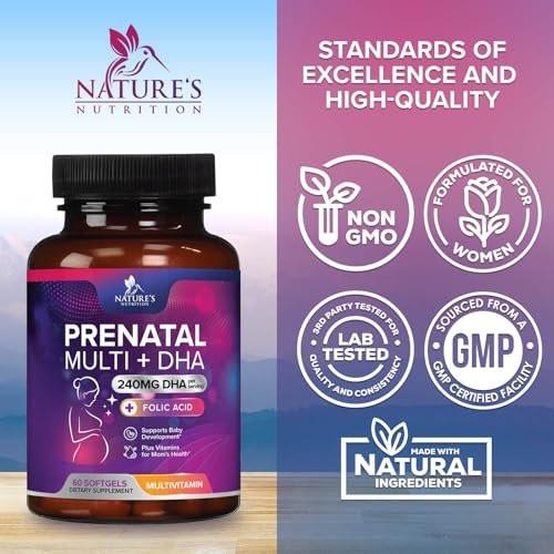 Schwangerschaftsvitamine für Frauen mit Folsäure + Omega 3 DHA für die fetale Gehirnentwicklung, bestes pränatales Vitaminpräparat, tägliche Schwangerschafts-Multivitamin-Nährstoffunterstützung, Nicht-GVO - 60 Softgels