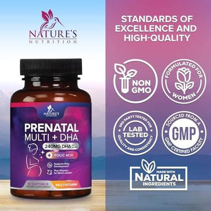 Schwangerschaftsvitamine für Frauen mit Folsäure + Omega 3 DHA für die fetale Gehirnentwicklung, bestes pränatales Vitaminpräparat, tägliche Schwangerschafts-Multivitamin-Nährstoffunterstützung, Nicht-GVO - 60 Softgels
