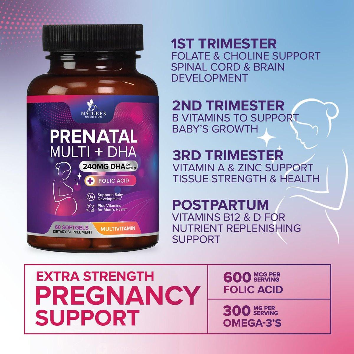 Schwangerschaftsvitamine für Frauen mit Folsäure + Omega 3 DHA für die fetale Gehirnentwicklung, bestes pränatales Vitaminpräparat, tägliche Schwangerschafts-Multivitamin-Nährstoffunterstützung, Nicht-GVO - 60 Softgels