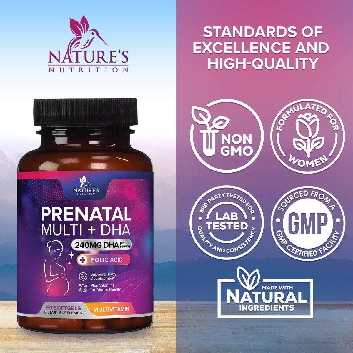 Schwangerschaftsvitamine für Frauen mit Folsäure + Omega 3 DHA für die fetale Gehirnentwicklung, bestes pränatales Vitaminpräparat, tägliche Schwangerschafts-Multivitamin-Nährstoffunterstützung, Nicht-GVO - 60 Softgels