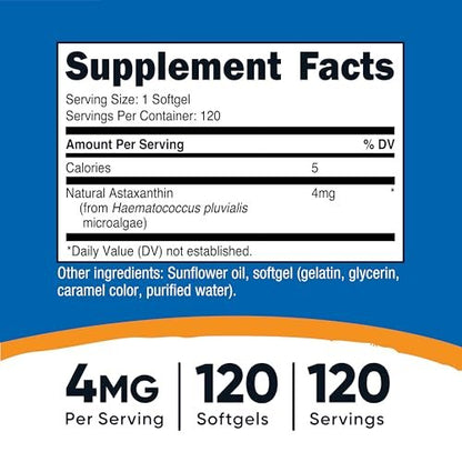 Nutricost Astaxanthin 4 mg – 120 Kapseln, glutenfrei & Non-GMO (4 Monate Vorrat)