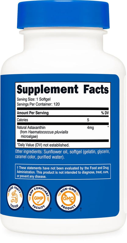 Nutricost Astaxanthin 4 mg – 120 Kapseln, glutenfrei & Non-GMO (4 Monate Vorrat)