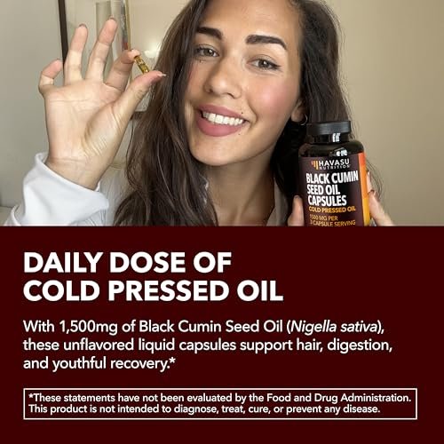 Kaltgepresstes Schwarzkümmelöl Kapseln - 1500 mg pro Portion für Immunsystem & Verdauung - Haare & Haut Superfood - Nigella Sativa - 90 Kapseln, 1 Monatsvorrat, ungewürzt