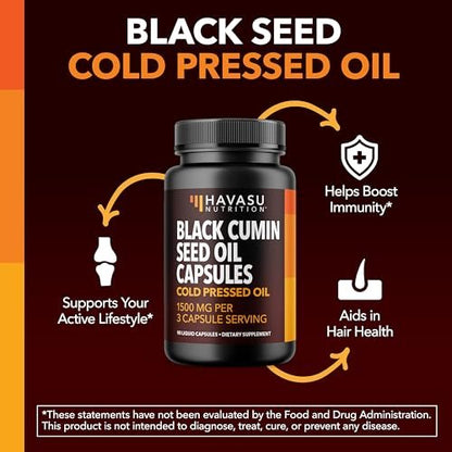 Kaltgepresstes Schwarzkümmelöl Kapseln - 1500 mg pro Portion für Immunsystem & Verdauung - Haare & Haut Superfood - Nigella Sativa - 90 Kapseln, 1 Monatsvorrat, ungewürzt