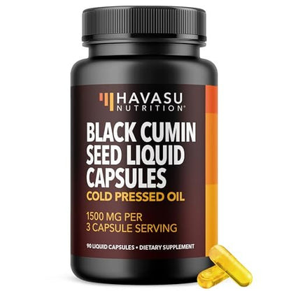 Kaltgepresstes Schwarzkümmelöl Kapseln - 1500 mg pro Portion für Immunsystem & Verdauung - Haare & Haut Superfood - Nigella Sativa - 90 Kapseln, 1 Monatsvorrat, ungewürzt