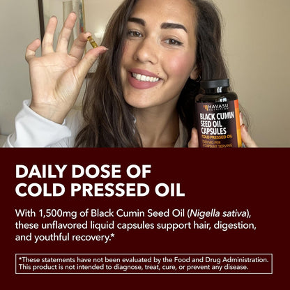 Kaltgepresstes Schwarzkümmelöl Kapseln - 1500 mg pro Portion für Immunsystem & Verdauung - Haare & Haut Superfood - Nigella Sativa - 90 Kapseln, 1 Monatsvorrat, ungewürzt