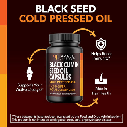 Kaltgepresstes Schwarzkümmelöl Kapseln - 1500 mg pro Portion für Immunsystem & Verdauung - Haare & Haut Superfood - Nigella Sativa - 90 Kapseln, 1 Monatsvorrat, ungewürzt