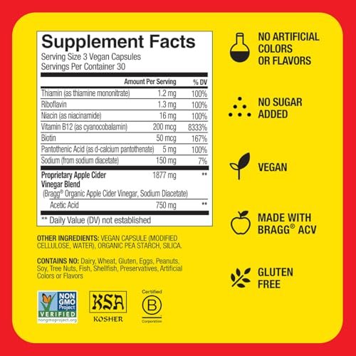 Bragg Apfelessig Kapseln mit Vitamin B12 – 90 Kapseln – Gewichtsmanagement – Non-GMO, Vegan, Glutenfrei, Ohne Zucker – Unterstützt die Energieproduktion auf zellulärer Ebene für Männer und Frauen