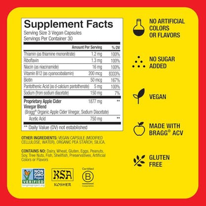 Bragg Apfelessig Kapseln mit Vitamin B12 – 90 Kapseln – Gewichtsmanagement – Non-GMO, Vegan, Glutenfrei, Ohne Zucker – Unterstützt die Energieproduktion auf zellulärer Ebene für Männer und Frauen