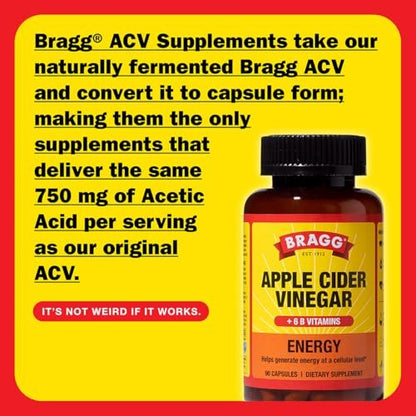 Bragg Apfelessig Kapseln mit Vitamin B12 – 90 Kapseln – Gewichtsmanagement – Non-GMO, Vegan, Glutenfrei, Ohne Zucker – Unterstützt die Energieproduktion auf zellulärer Ebene für Männer und Frauen