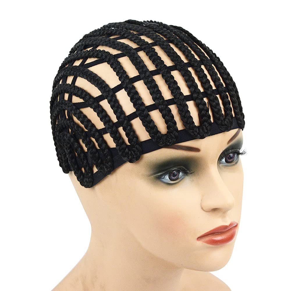 Schwarze geflochtene Perückenkappe aus Polyester – Verstellbares elastisches Band und Haarklammern für Crochet Braids und Perückenherstellung