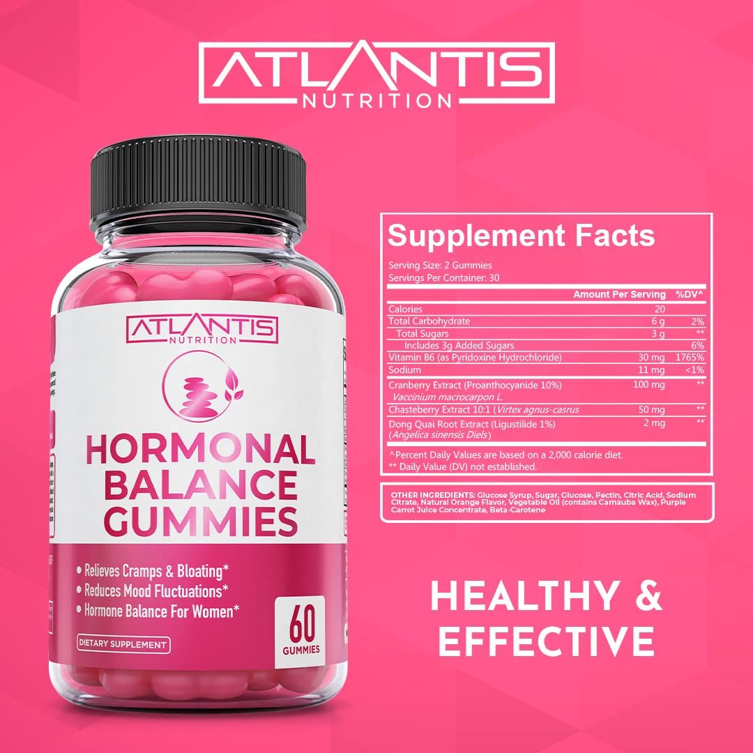 Atlantis Nutrition Hormonelles Gleichgewicht für Frauen & PMS Linderung Gummis – Lindert Krämpfe, Blähungen, Stimmungsschwankungen, Hitzewallungen & Nachtschweiß – Cranberry, Dong Quai & Mönchspfeffer Menstruationskrämpfe