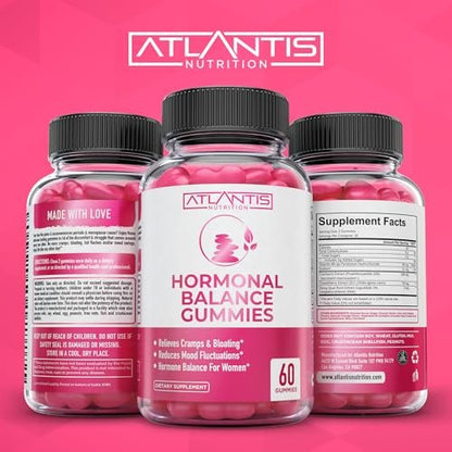 Atlantis Nutrition Hormonelles Gleichgewicht für Frauen & PMS Linderung Gummis – Lindert Krämpfe, Blähungen, Stimmungsschwankungen, Hitzewallungen & Nachtschweiß – Cranberry, Dong Quai & Mönchspfeffer Menstruationskrämpfe
