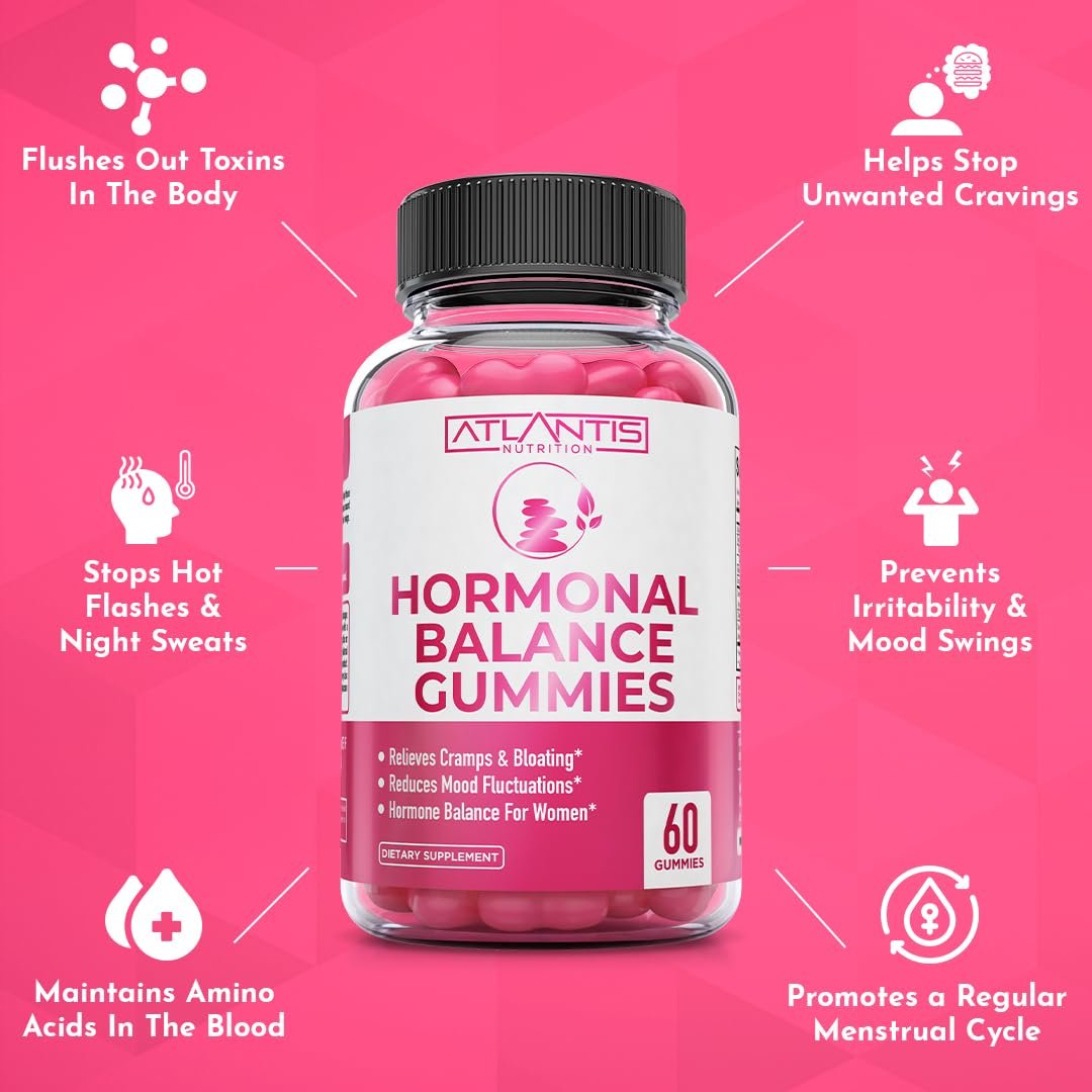 Atlantis Nutrition Hormonelles Gleichgewicht für Frauen & PMS Linderung Gummis – Lindert Krämpfe, Blähungen, Stimmungsschwankungen, Hitzewallungen & Nachtschweiß – Cranberry, Dong Quai & Mönchspfeffer Menstruationskrämpfe