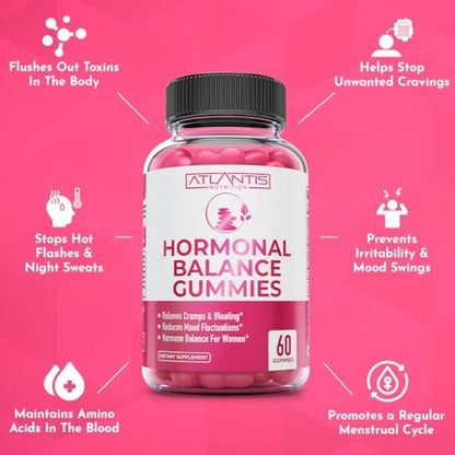 Atlantis Nutrition Hormonelles Gleichgewicht für Frauen & PMS Linderung Gummis – Lindert Krämpfe, Blähungen, Stimmungsschwankungen, Hitzewallungen & Nachtschweiß – Cranberry, Dong Quai & Mönchspfeffer Menstruationskrämpfe