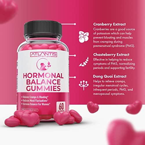 Atlantis Nutrition Hormonelles Gleichgewicht für Frauen & PMS Linderung Gummis – Lindert Krämpfe, Blähungen, Stimmungsschwankungen, Hitzewallungen & Nachtschweiß – Cranberry, Dong Quai & Mönchspfeffer Menstruationskrämpfe
