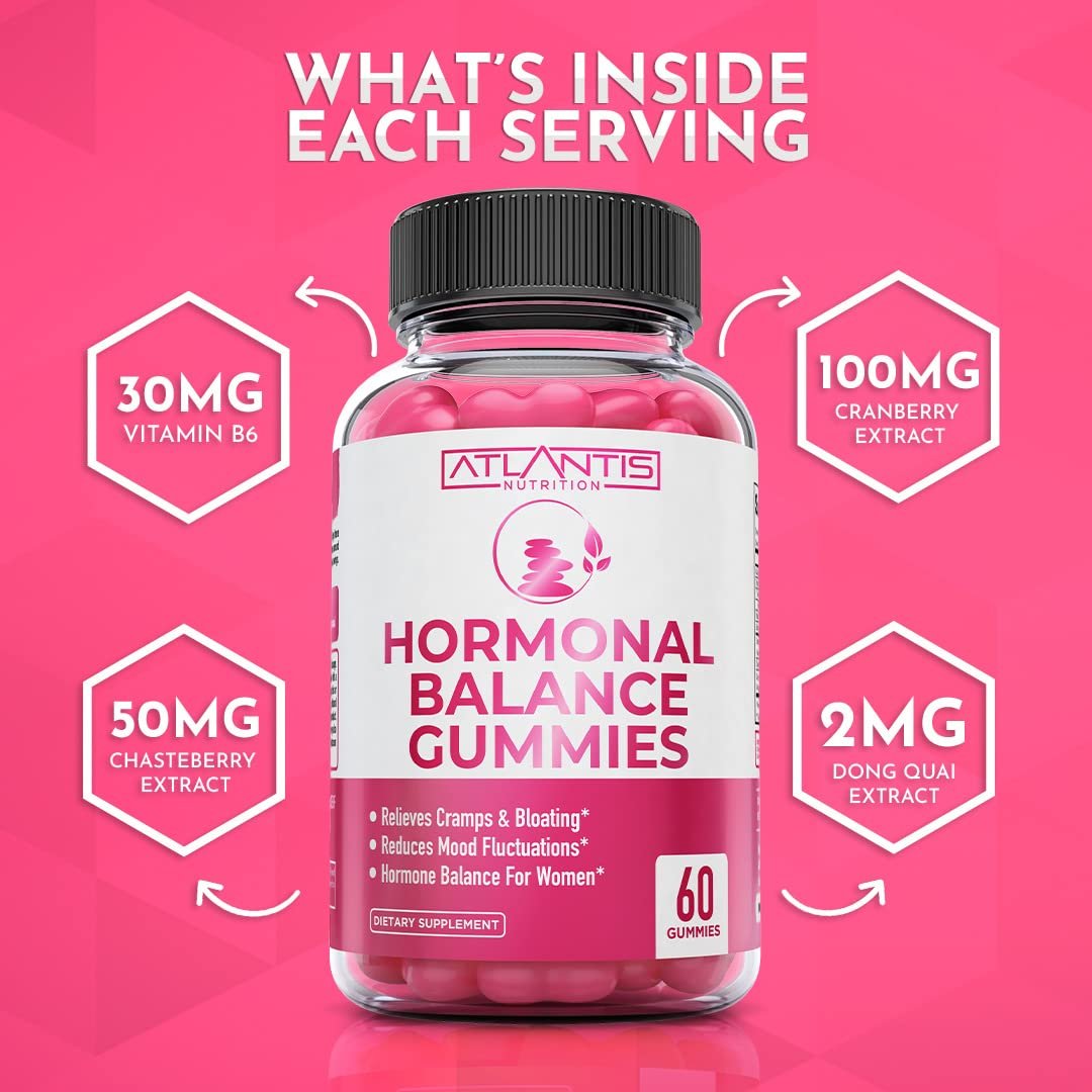 Atlantis Nutrition Hormonelles Gleichgewicht für Frauen & PMS Linderung Gummis – Lindert Krämpfe, Blähungen, Stimmungsschwankungen, Hitzewallungen & Nachtschweiß – Cranberry, Dong Quai & Mönchspfeffer Menstruationskrämpfe