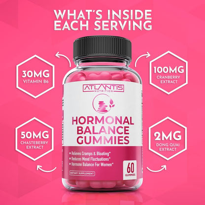 Atlantis Nutrition Hormonelles Gleichgewicht für Frauen & PMS Linderung Gummis – Lindert Krämpfe, Blähungen, Stimmungsschwankungen, Hitzewallungen & Nachtschweiß – Cranberry, Dong Quai & Mönchspfeffer Menstruationskrämpfe